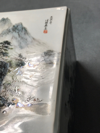 A square Chinese qianjiang cai brush pot with landscapes, 20th C.